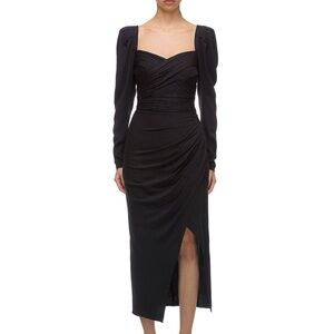 Self-Portrait Black Ruched Midi Dress with Sweetheart Neckline